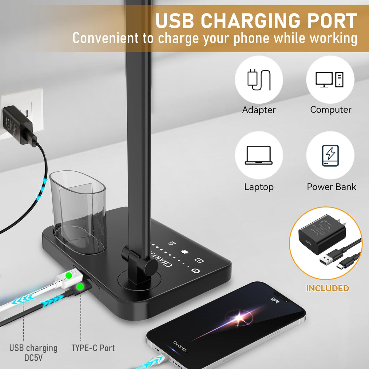 CHARYJOD lamp with USB port charging devices while you work.