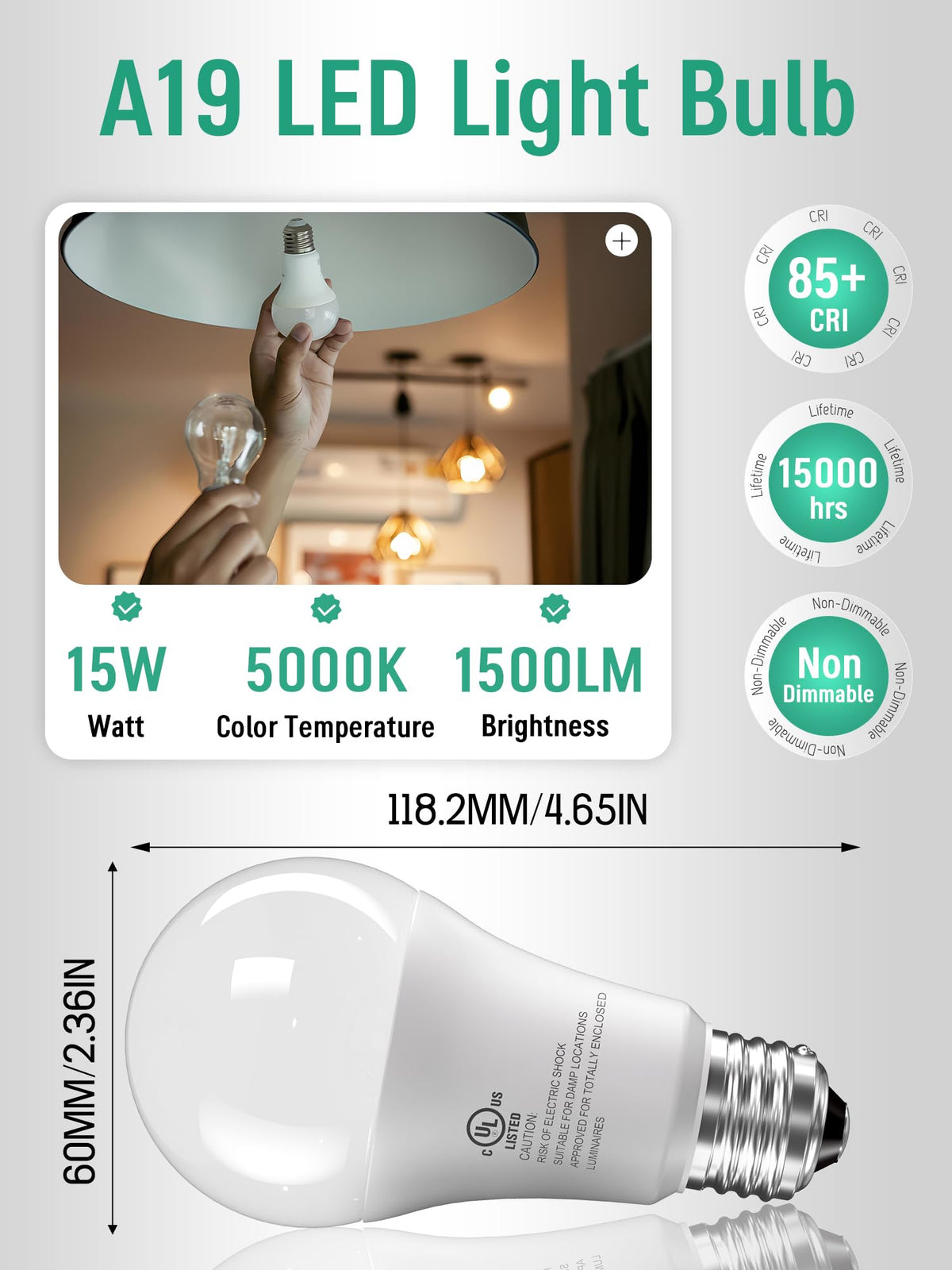 CHARKEE A19 15W LED daylight 5000K for bright task work.