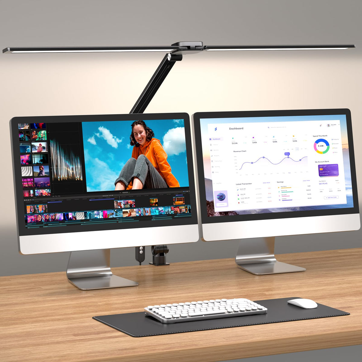 CHARYJOD LED Desk Lamp with dual-arm clamp for wide coverage.