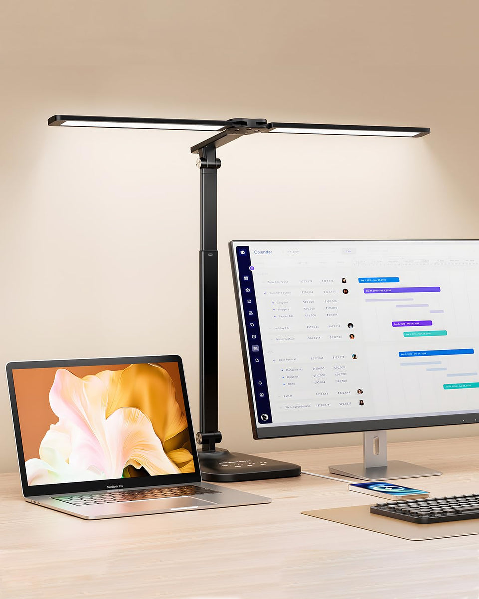 CHARYJOD LED desk lamp height-adjustable arms deliver precise lighting for reading.