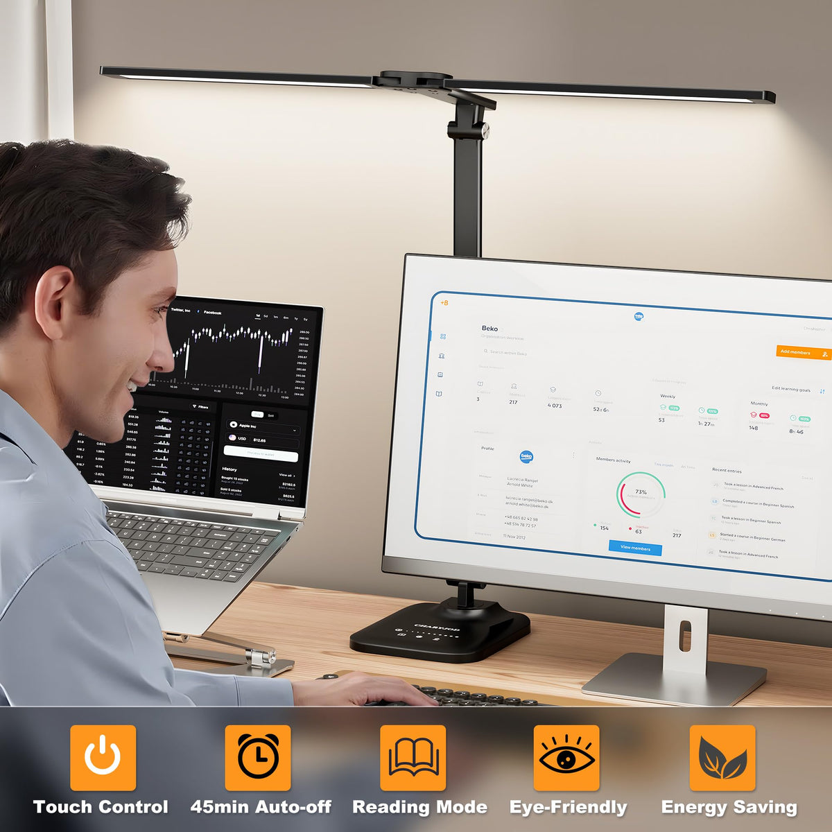 CHARYJOD desk lamp with USB adapter enables convenient device charging.