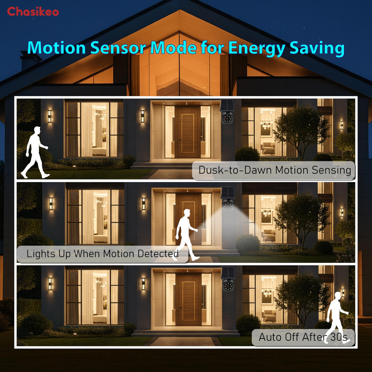 Chasikeo IP67 weatherproof motion light resistant to rain and snow for year-round use.