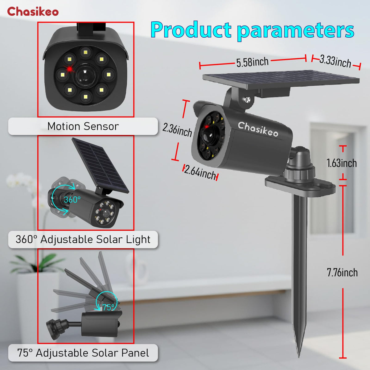 Chasikeo motion sensor captures movement up to 30 feet for responsive lighting.