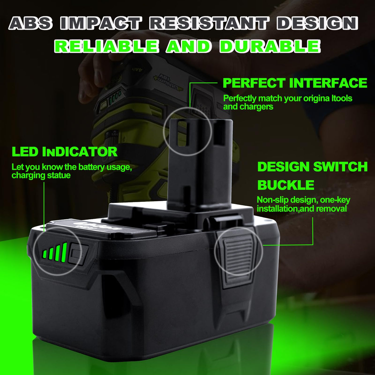 Cheerlark 18V ONE+ compatible battery alongside Ryobi tools demonstrates versatile performance.