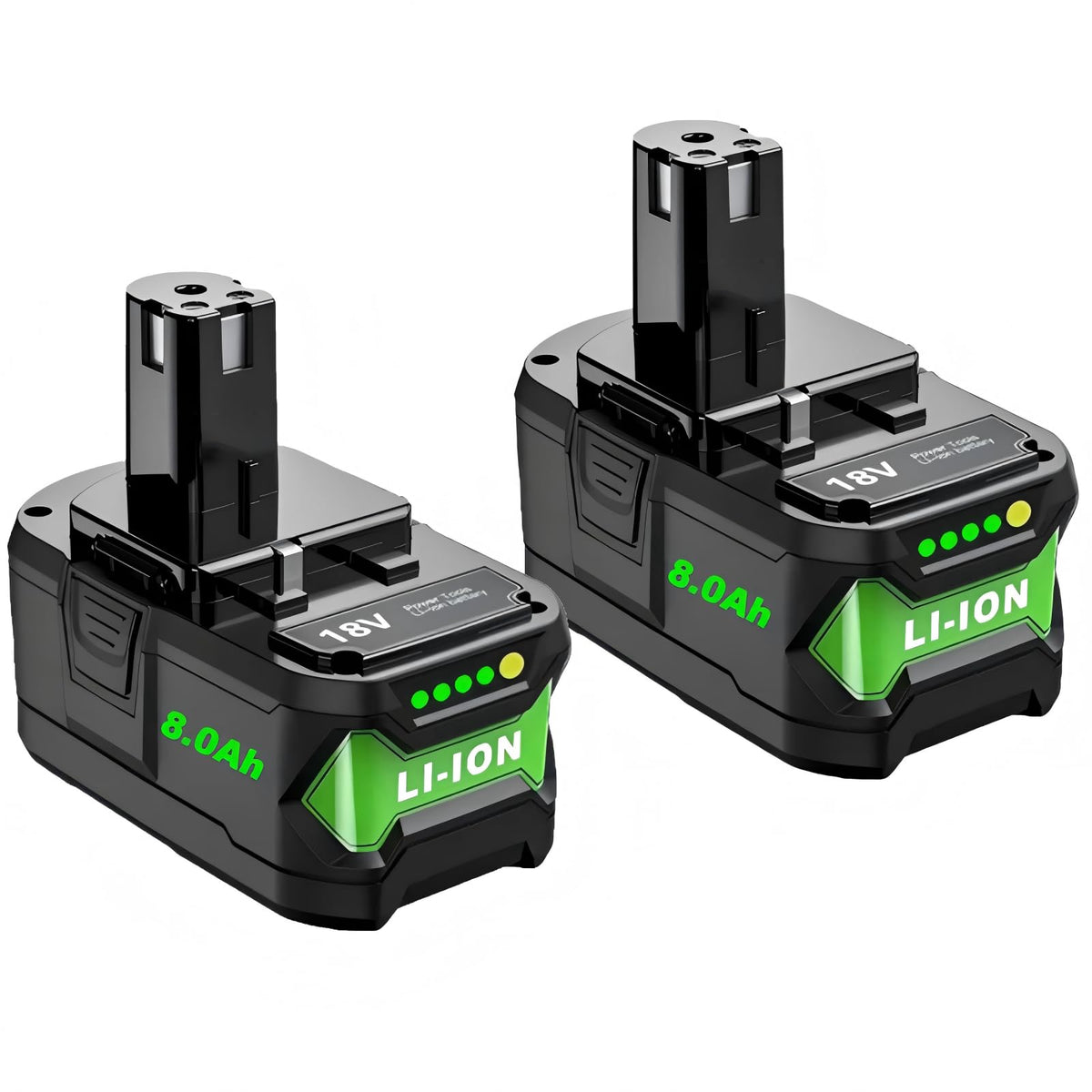 Cheerlark 8.0Ah P108 battery front view offers extended run time for Ryobi tools.