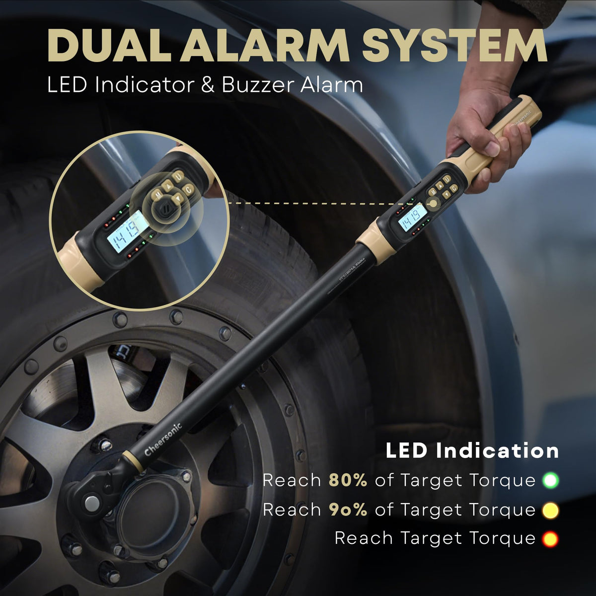 CHEERSONIC digital torque wrench highlighting peak and trace modes for feedback.
