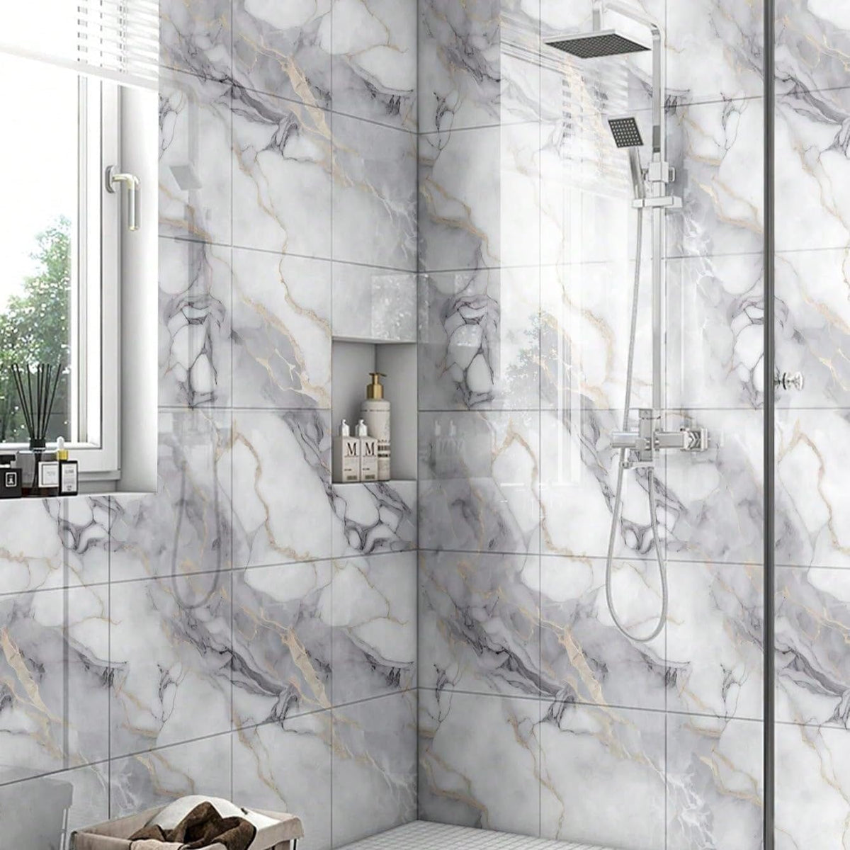 Chejiaye marble peel-stick backsplash enhances bathrooms with a durable, waterproof look