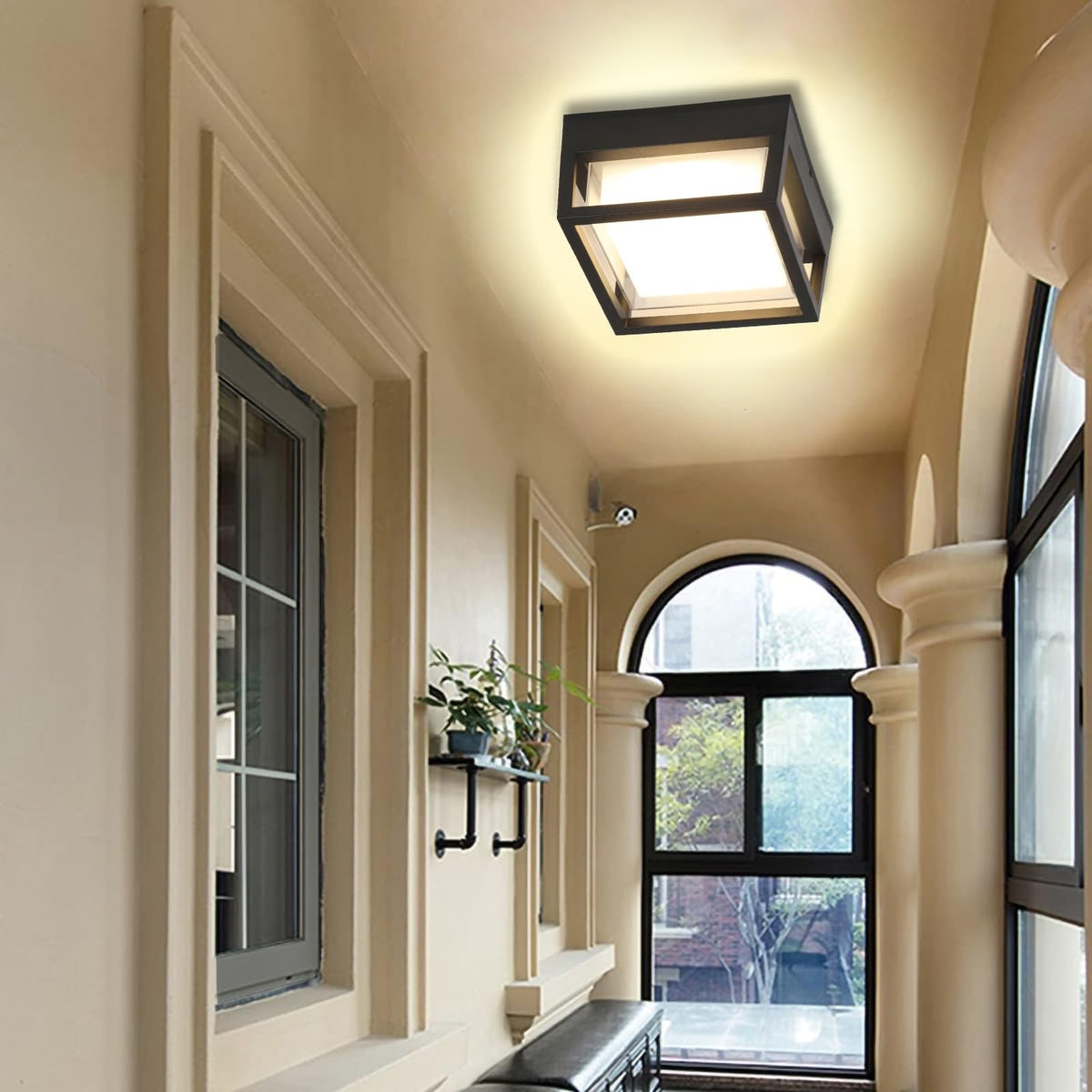 CHENS01 outdoor ceiling square light in black, angle view, modern exterior fixture.