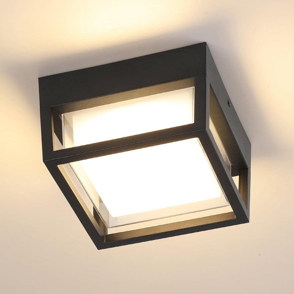 CHENS01 outdoor ceiling square light in black, front view, energy efficient 18W LED.