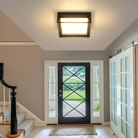 CHENS01 square flush mount outdoor LED ceiling light, black finish complements modern exteriors