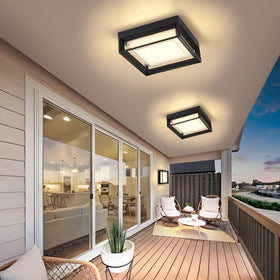 CHENS01 square flush mount outdoor LED ceiling light, dusk ambience with 3000K warm glow