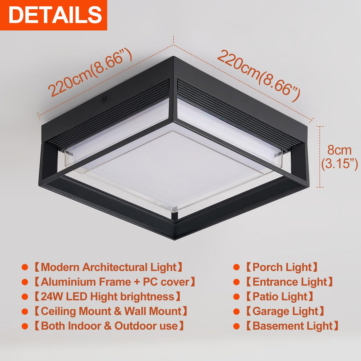 CHENS01 square flush mount outdoor LED ceiling light, side angle, weatherproof for wet areas