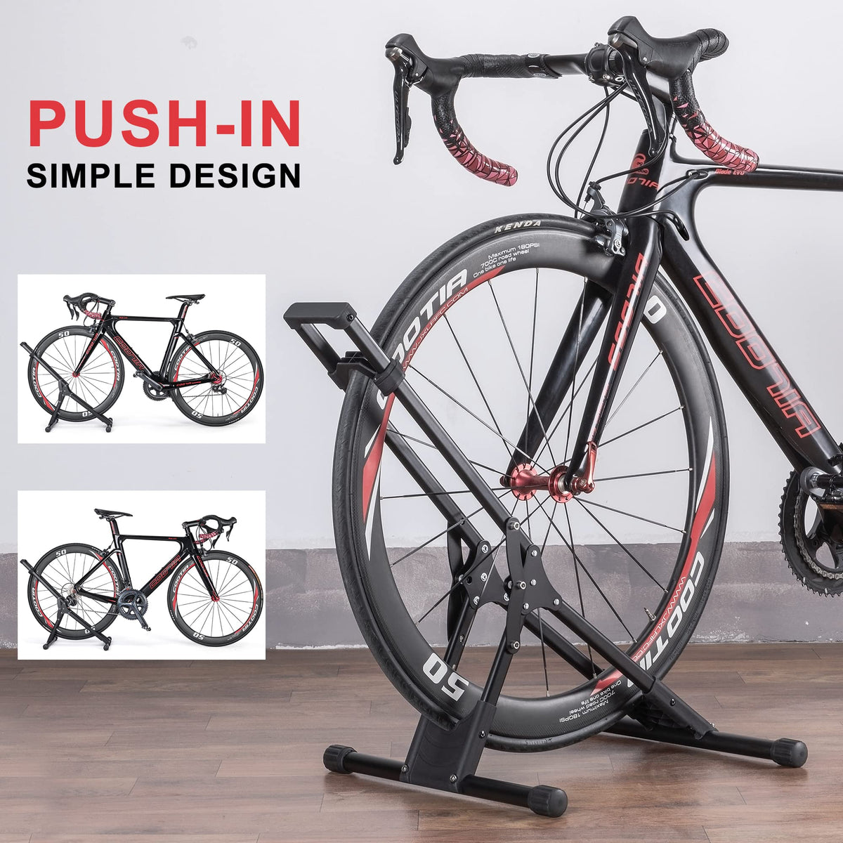 CHEPARK Bike Floor Stand rubber feet protect polished floors.