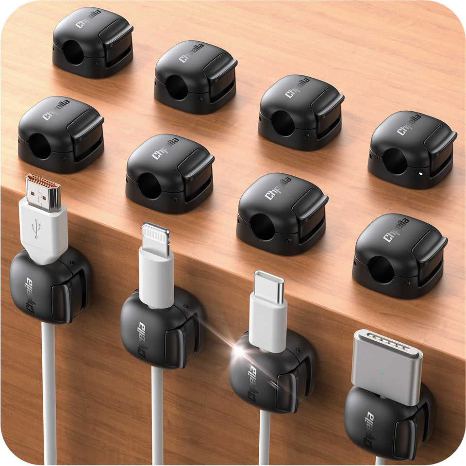 Chfeila 12-pack cord organizer with dual-spring securely holding desk cables.