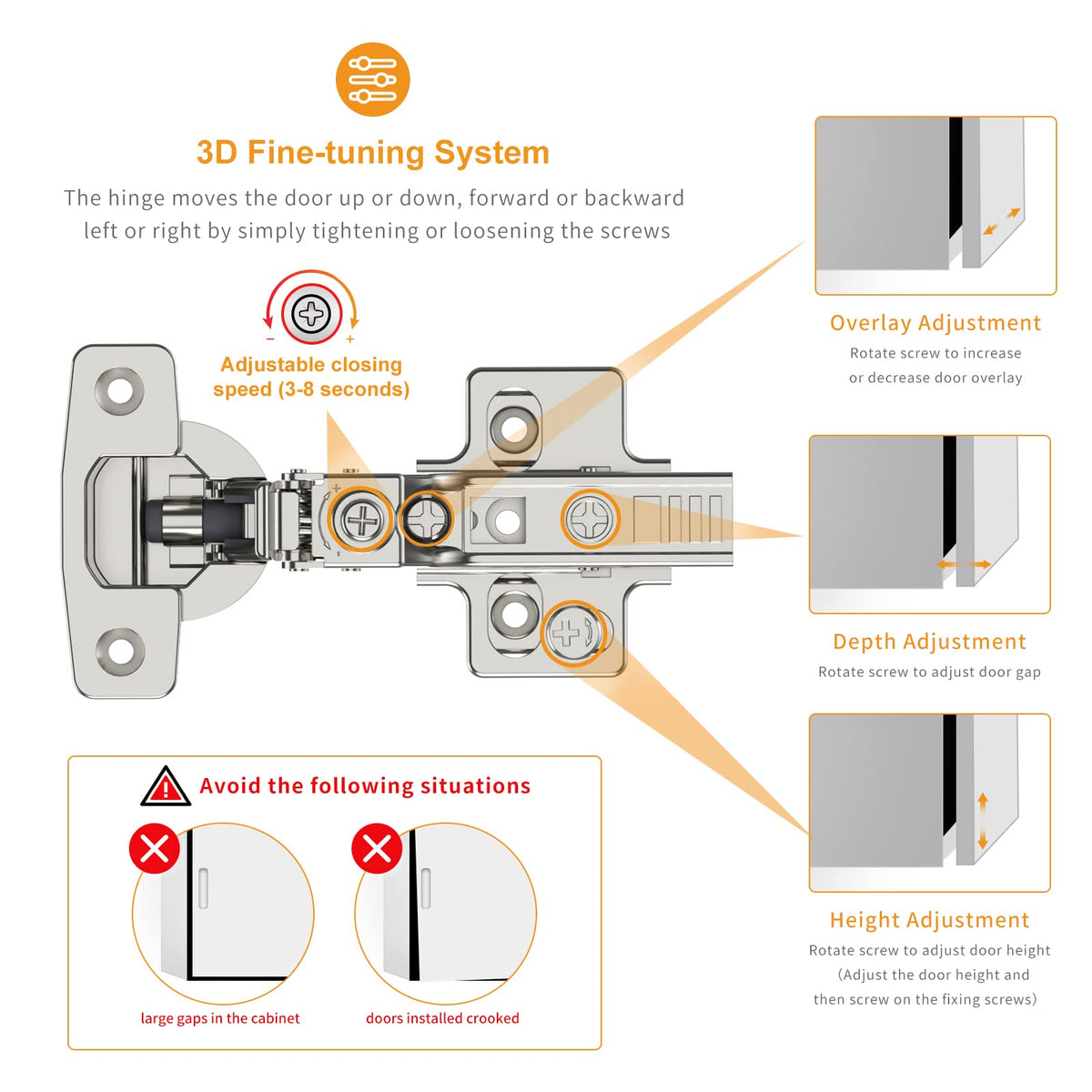 Chibery 4D adjustable hinge allows precise door alignment.