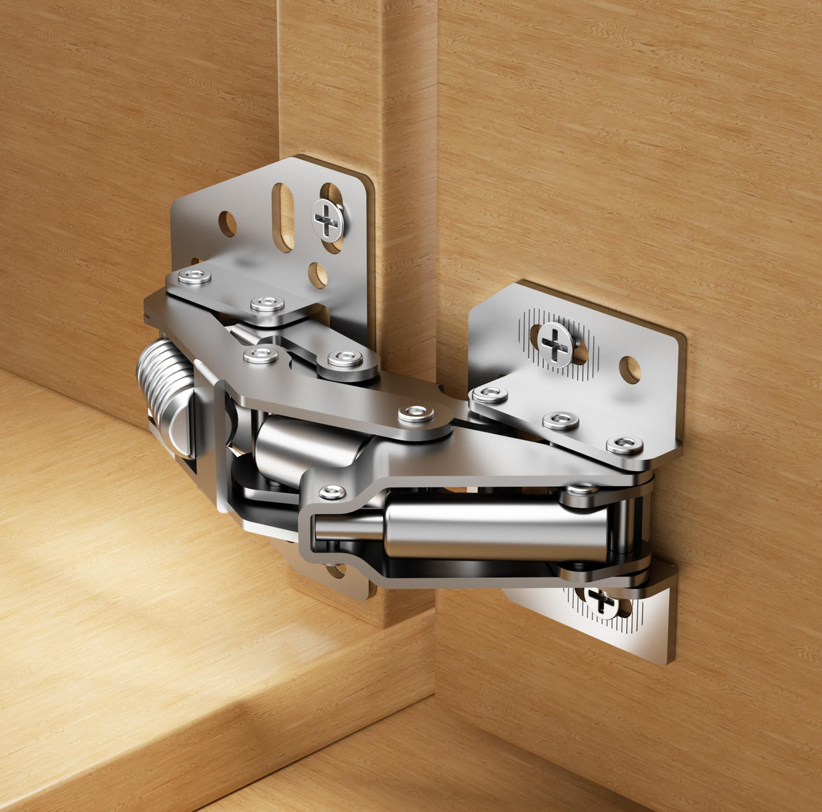 Chibery hinges show 90° open angle with tight cabinet gap.