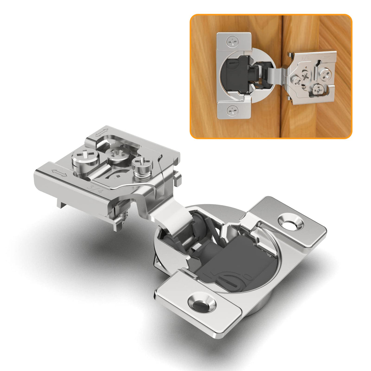 Chibery concealed hinge close-up with satin nickel finish for smooth cabinet operation.