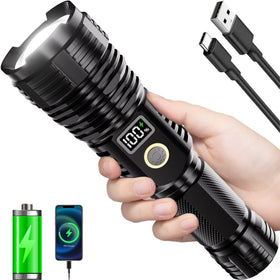 CHILDBOT flashlight front view shows ultra-bright beam for outdoor tasks and emergencies