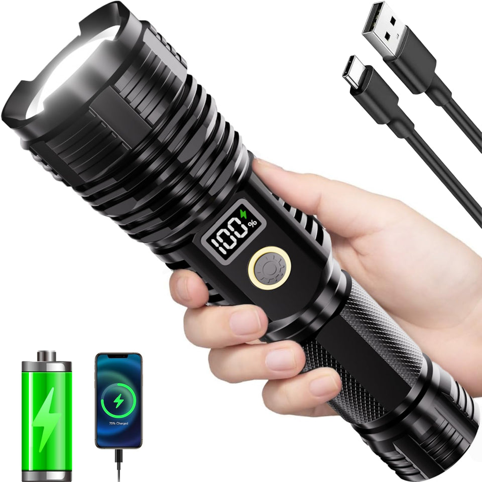 CHILDBOT flashlight front view shows ultra-bright beam for outdoor tasks and emergencies