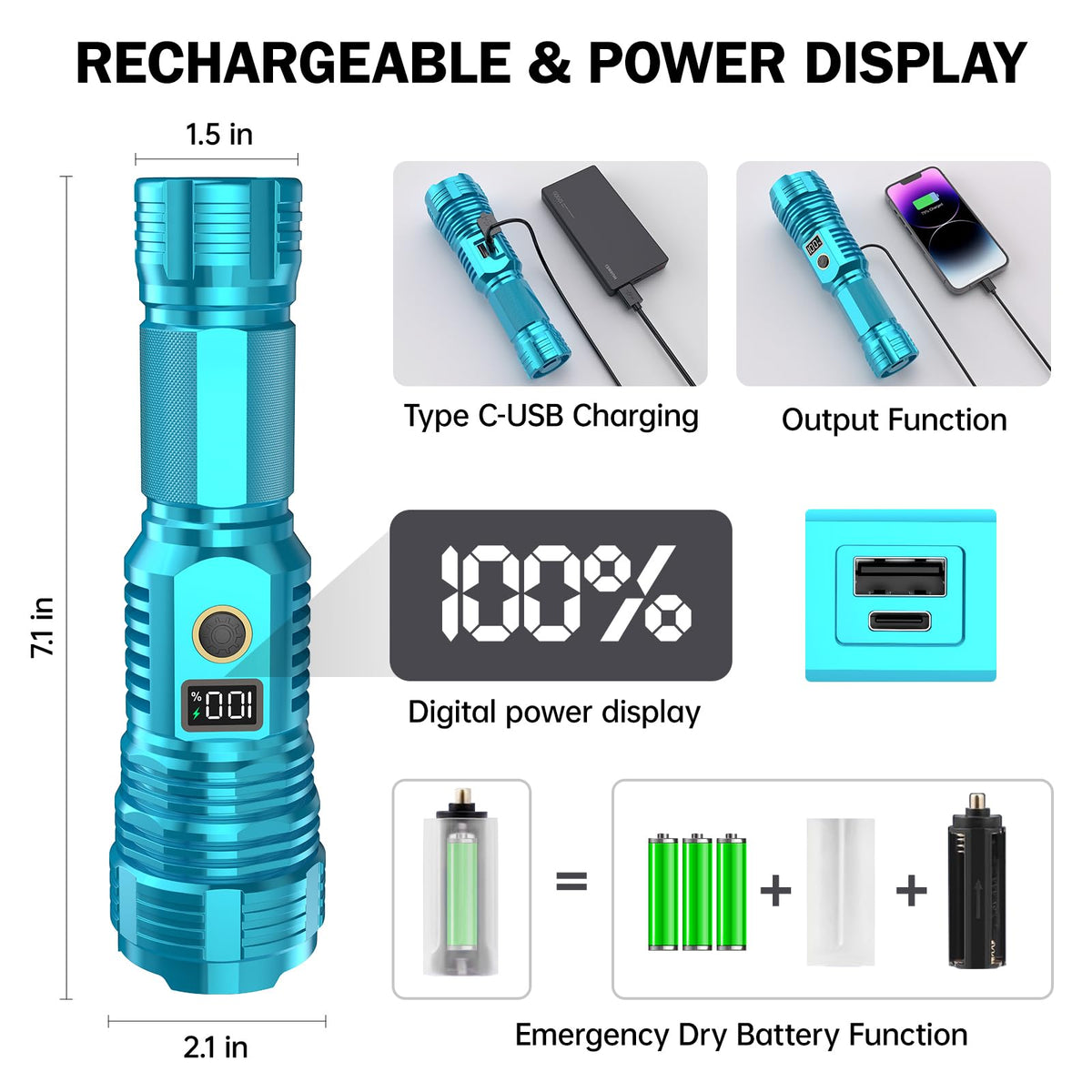 CHILDBOT LED flashlight with LCD display shows remaining power clearly.