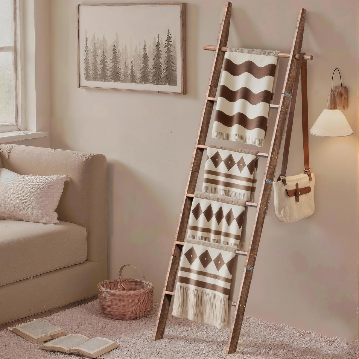 Chilinii blanket ladder six-tier rustic design for quilts and throws.