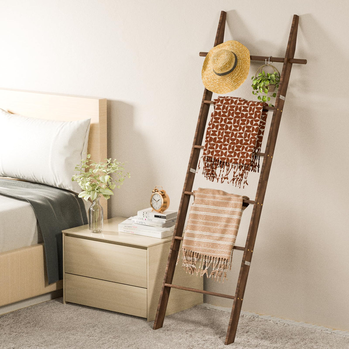 Chilinii farmhouse wooden blanket ladder side view demonstrates space-saving storage.
