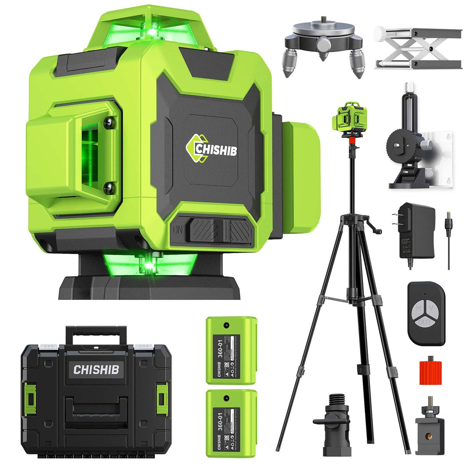 CHISHIB laser level shows 4x360 green lines on tripod for precise alignment