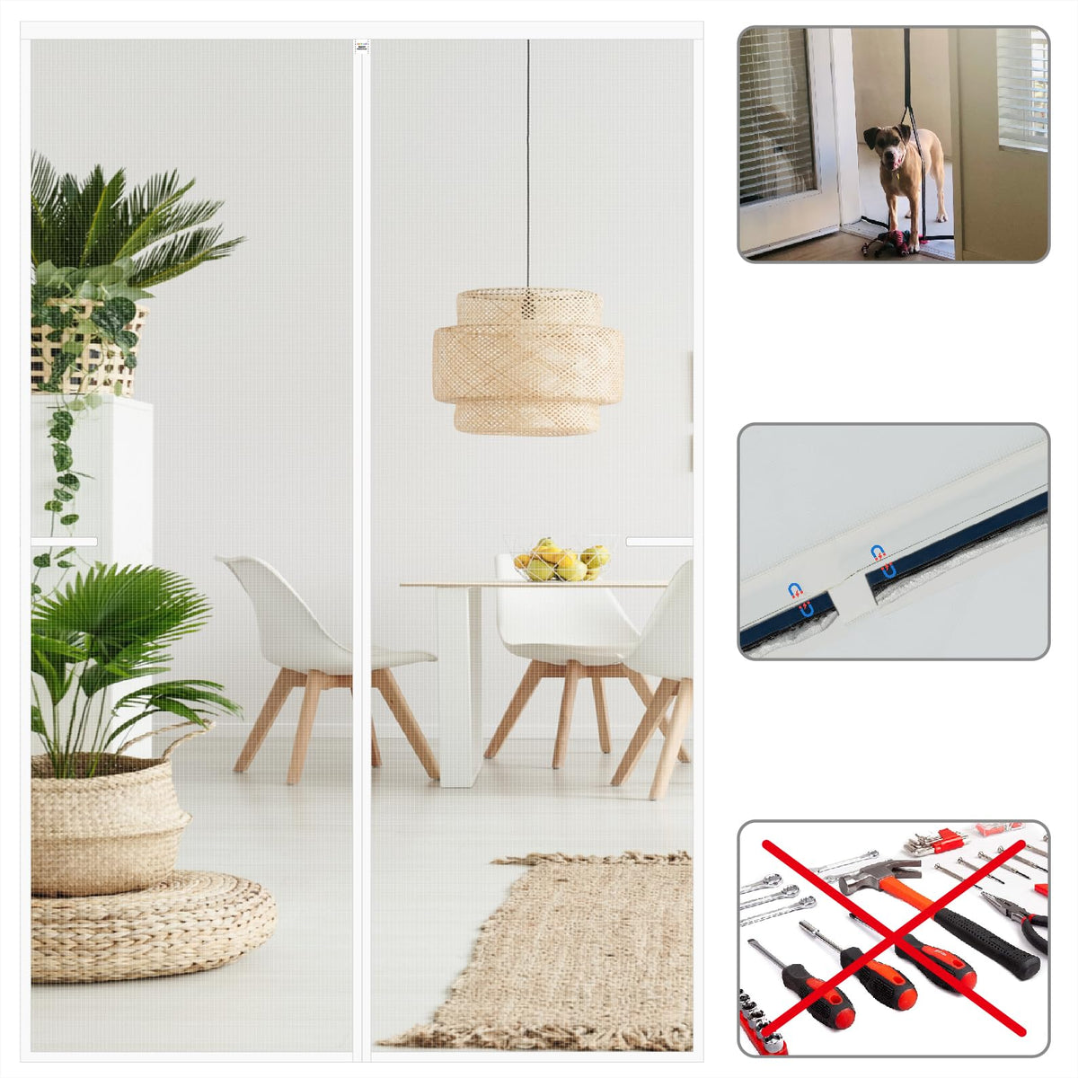 CHIYUNS white screen door with magnetic closure, full view keeps bugs out while letting breeze in