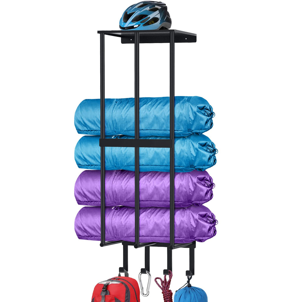 CHJgroup camping chair wall storage with floating shelf keeps garage clutter-free and organized.
