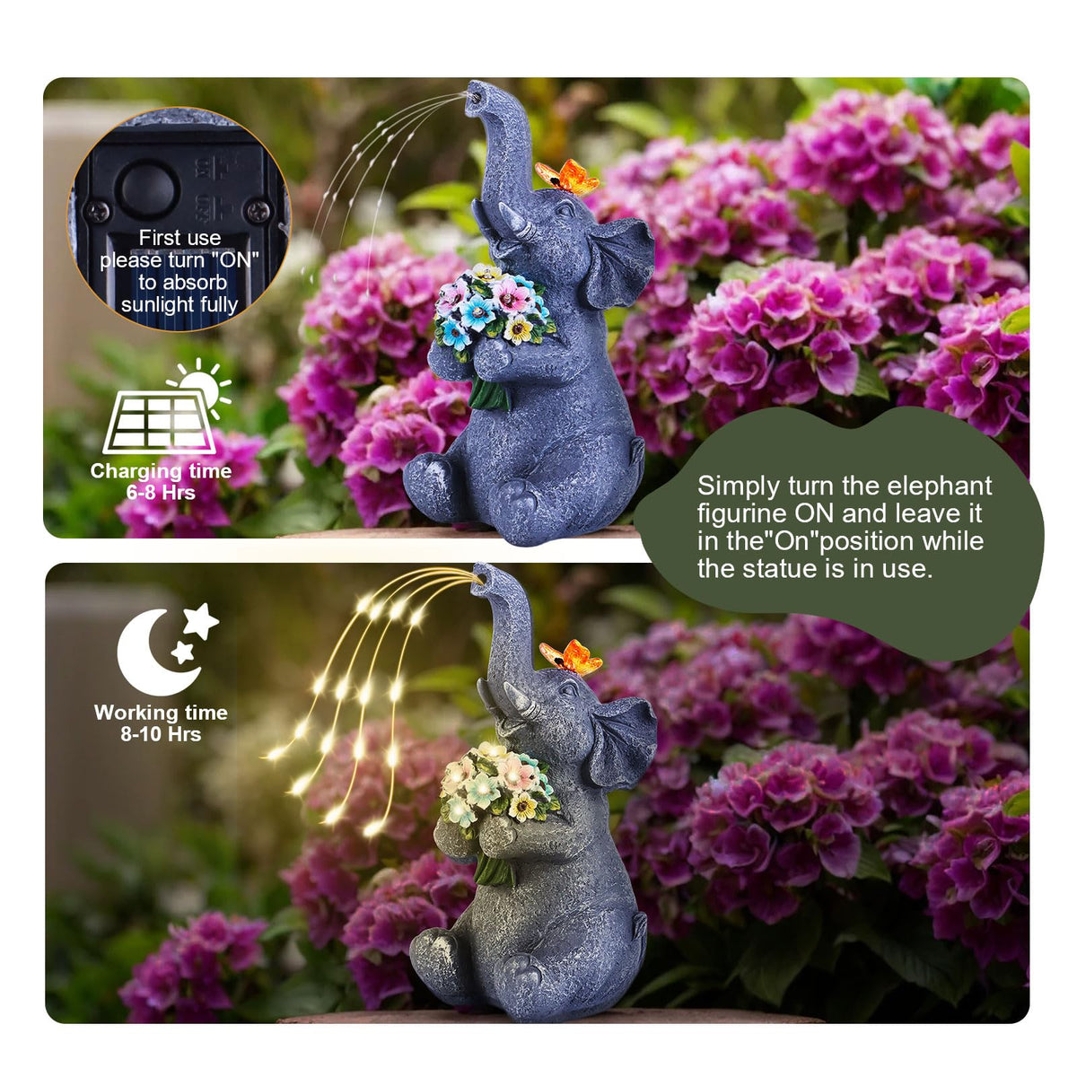 ChlinHuoho waterproof resin elephant lights withstand rain and snow for year-round use.