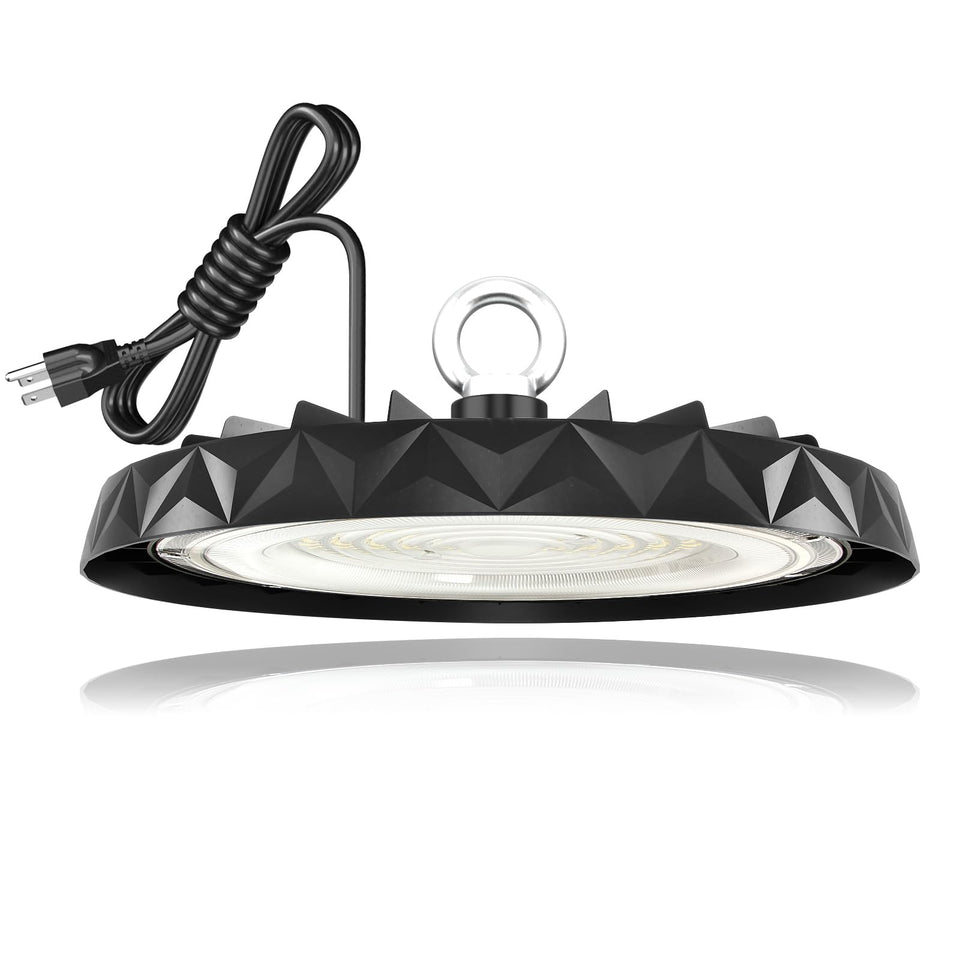 CHMLT LED high bay light front view demonstrates 150W brightness for warehouse visibility.