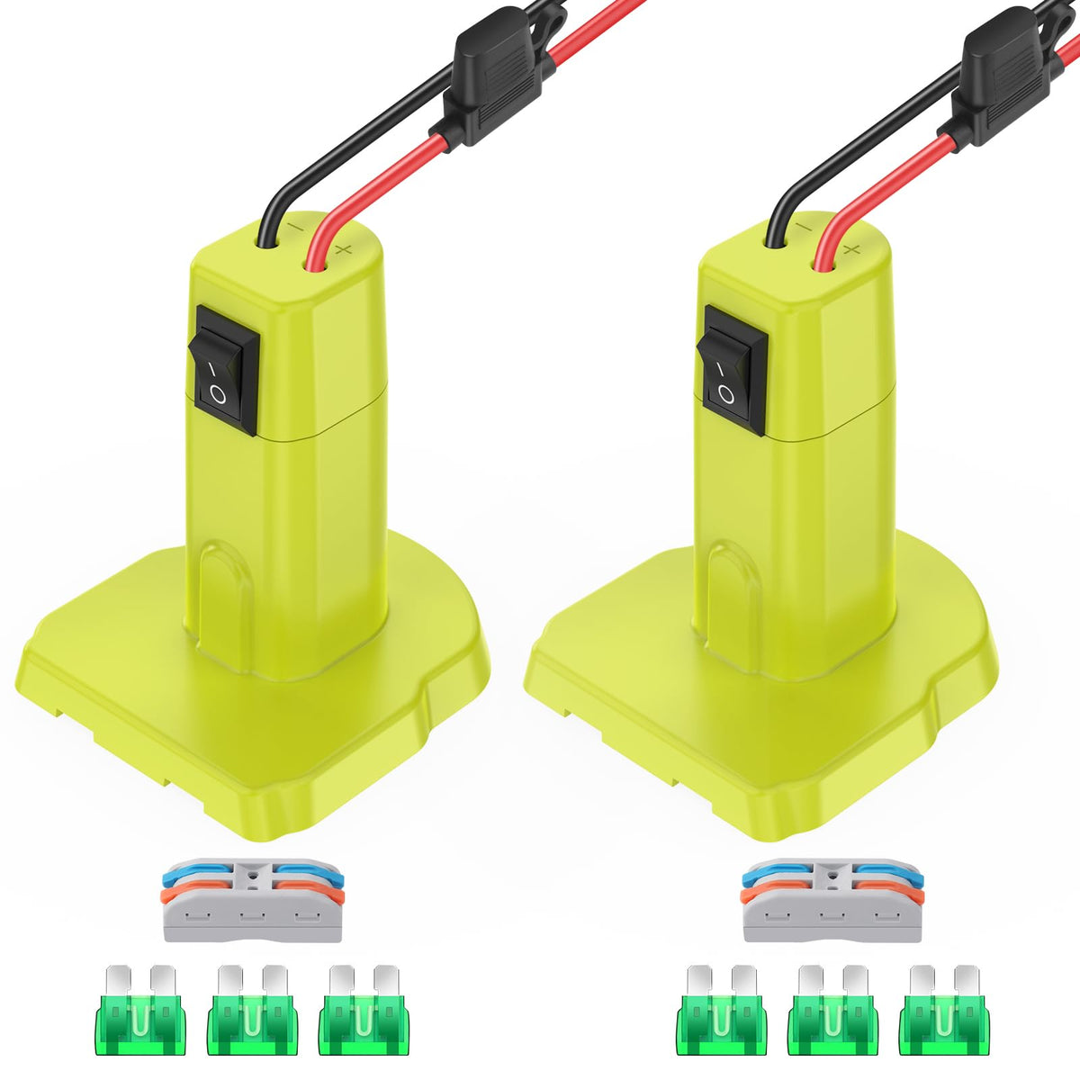 CHoiKWong power wheel adapter connected to Ryobi 18V battery for compatibility.