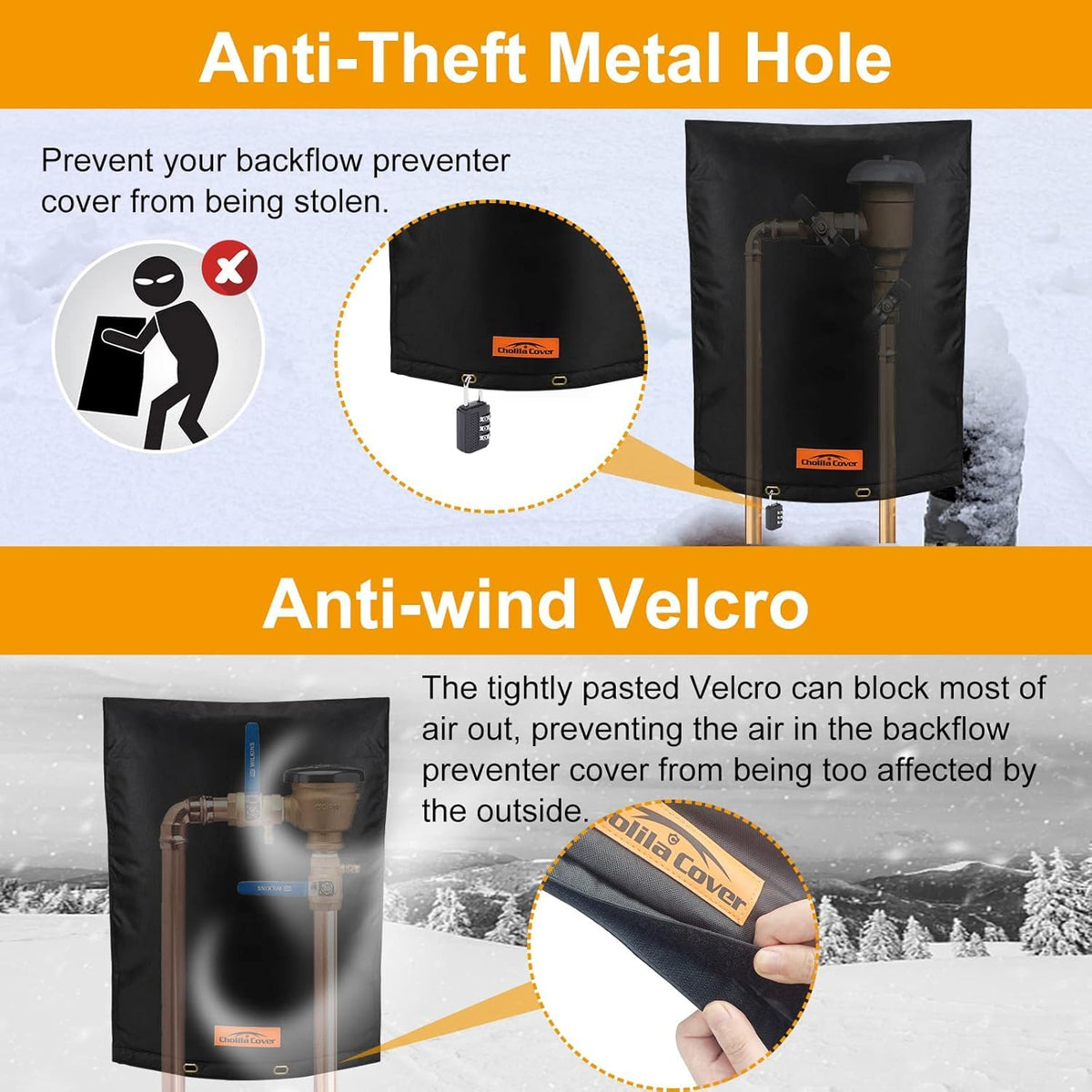 Cholila Cover locking loops illustrate secure installation for theft deterrence.