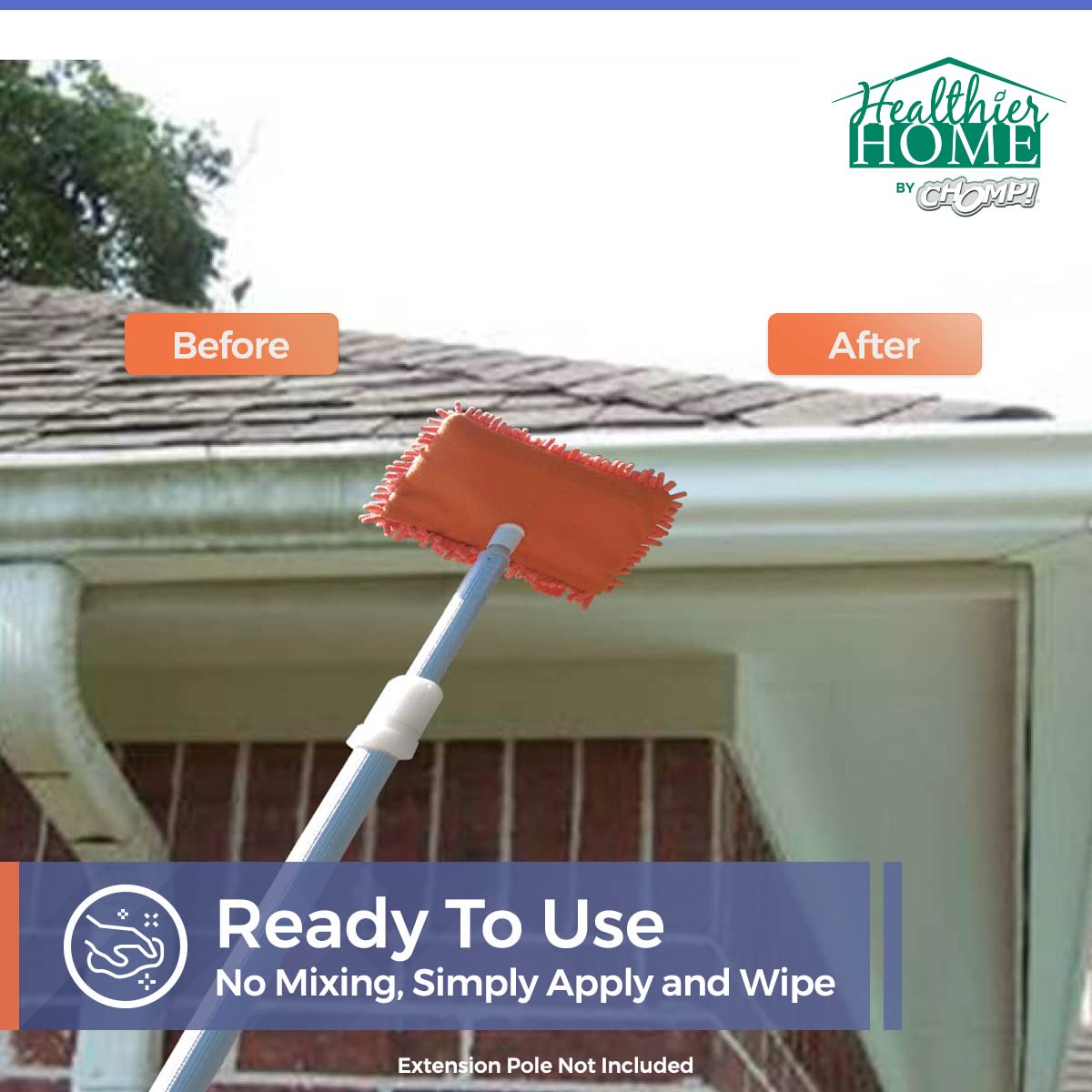 CHOMP! bottle after cleaning gutters showing dramatic before-after results.