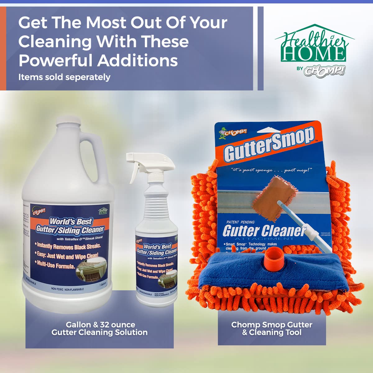 CHOMP! gutter cleaner spray on siding for quick exterior refresh.