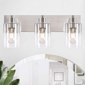 Chosenior 3-light vanity light with brushed nickel finish and clear glass shade brightens bathrooms.