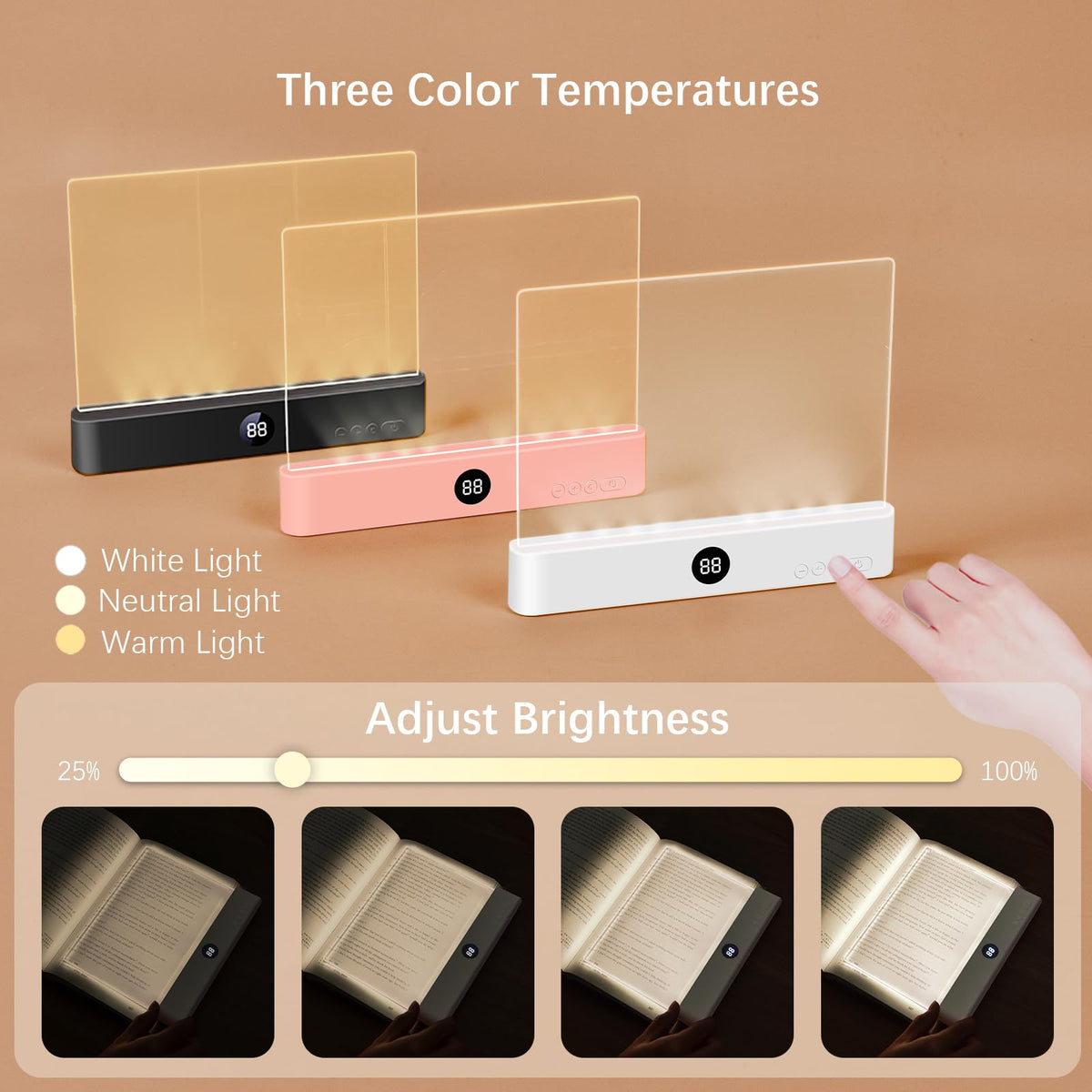 Choudao Tech pink lamp showing white, neutral, and warm temperatures for night reading