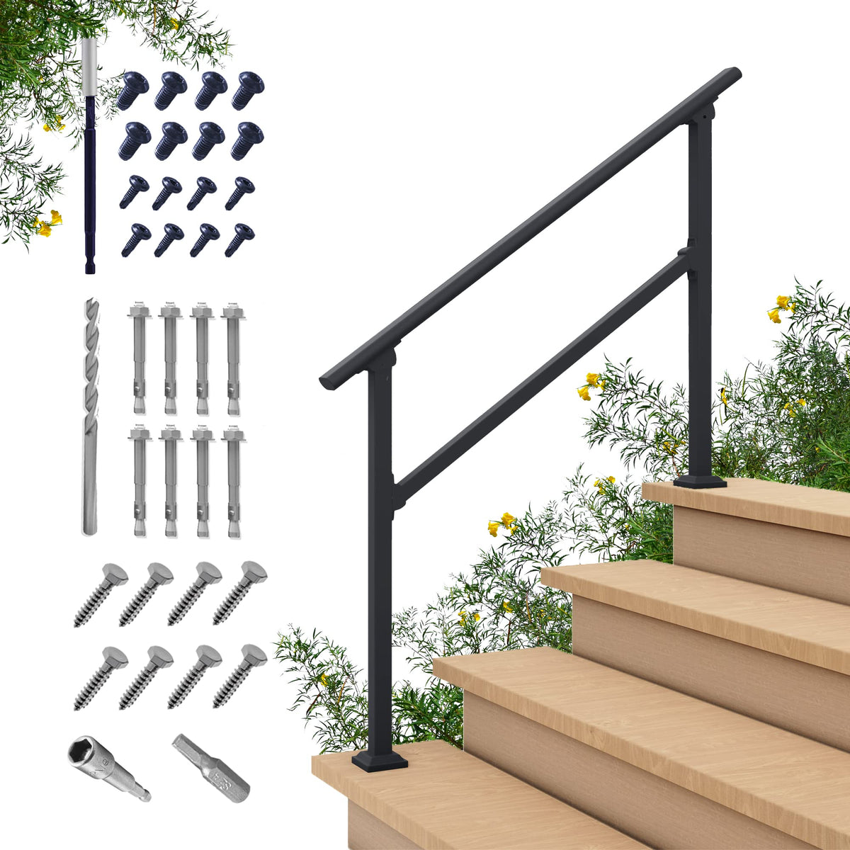 CHR CR Fence post and rail assembly secures outdoor stairs with sturdy framing
