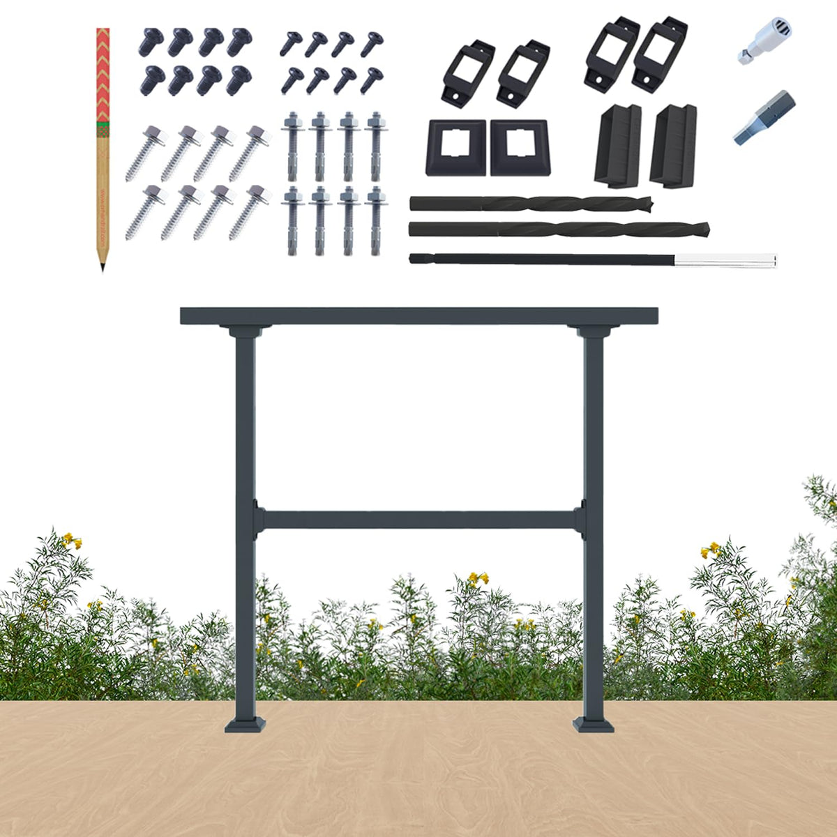CHR CR Fence & Rail horizontal deck railing in black provides a sturdy flat-surface perimeter.