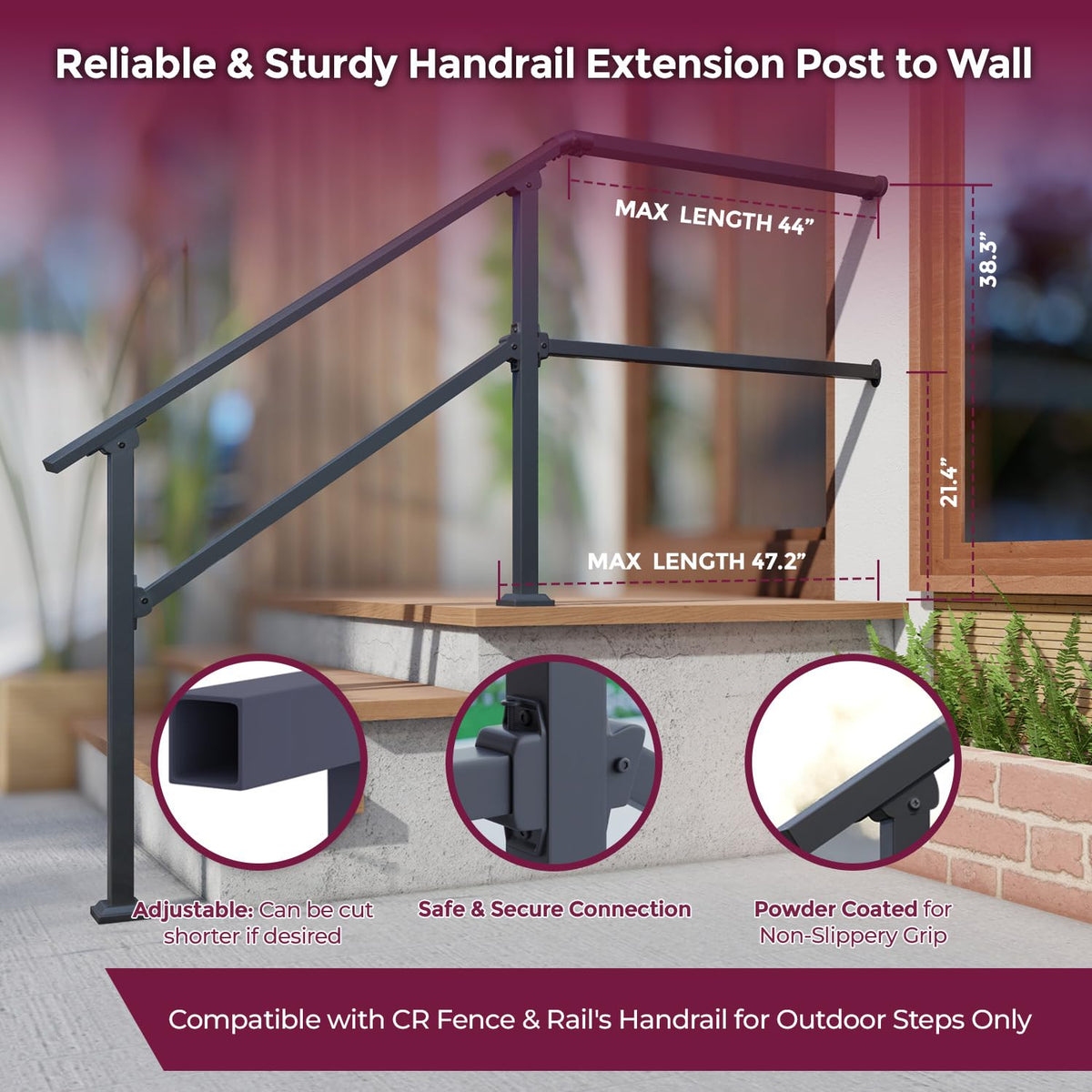 CHR handrail wall extension showing 4ft reach and secure fit.