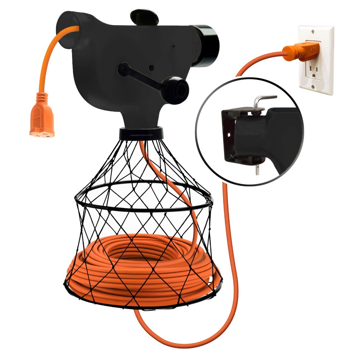 Chromex extension cord winder on wall for tidy storage and quick retraction.