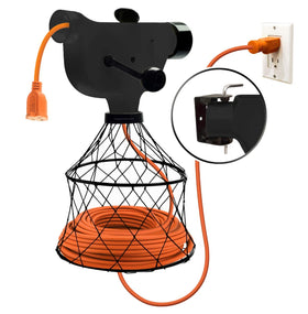 Chromex extension cord winder on wall for tidy storage and quick retraction.