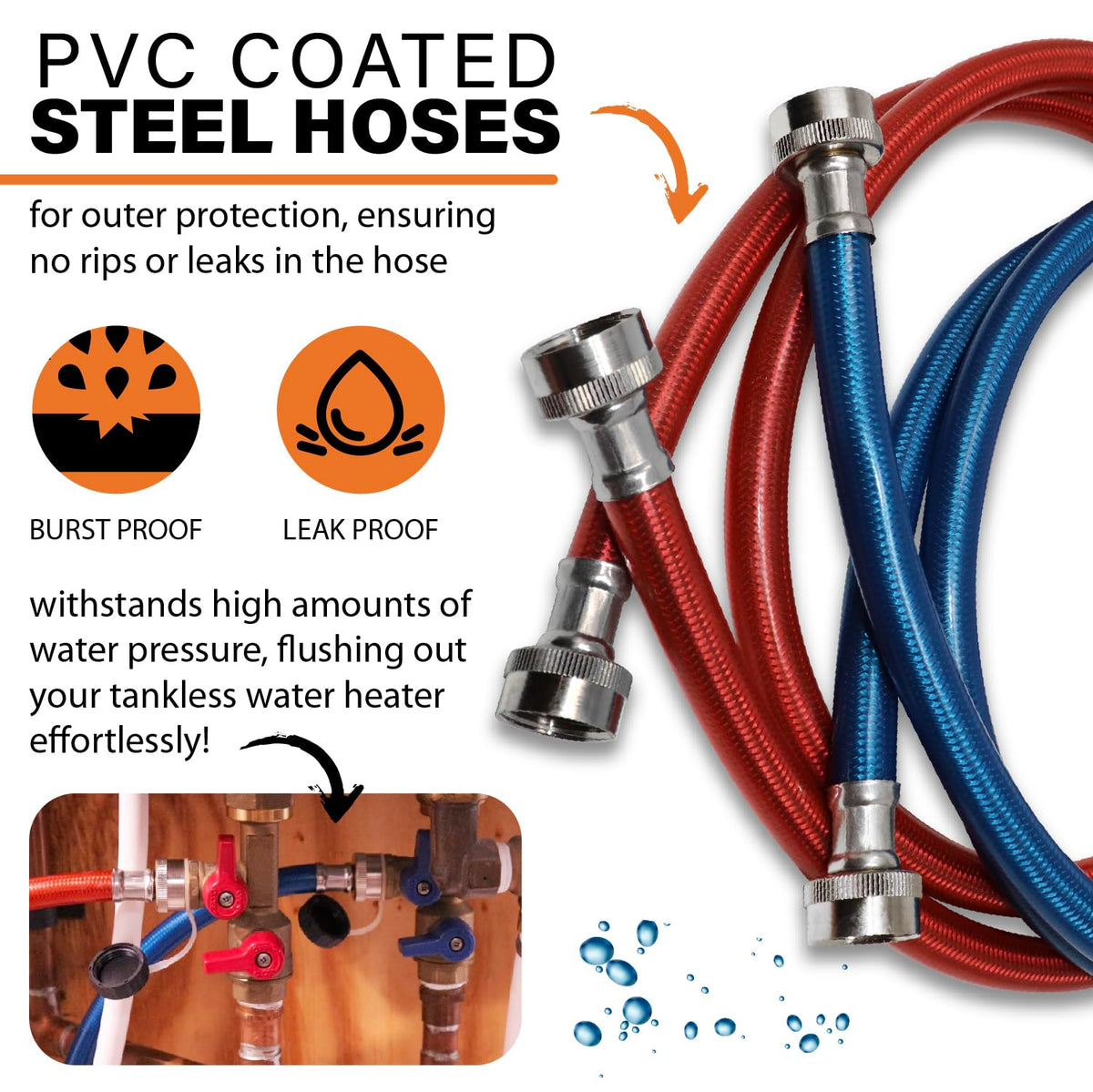Chromex six-foot hoses enable flexible connections to most tankless heaters.