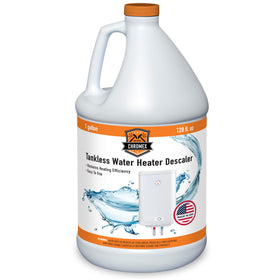 Chromex tankless descaling solution bottle being poured to restore water flow
