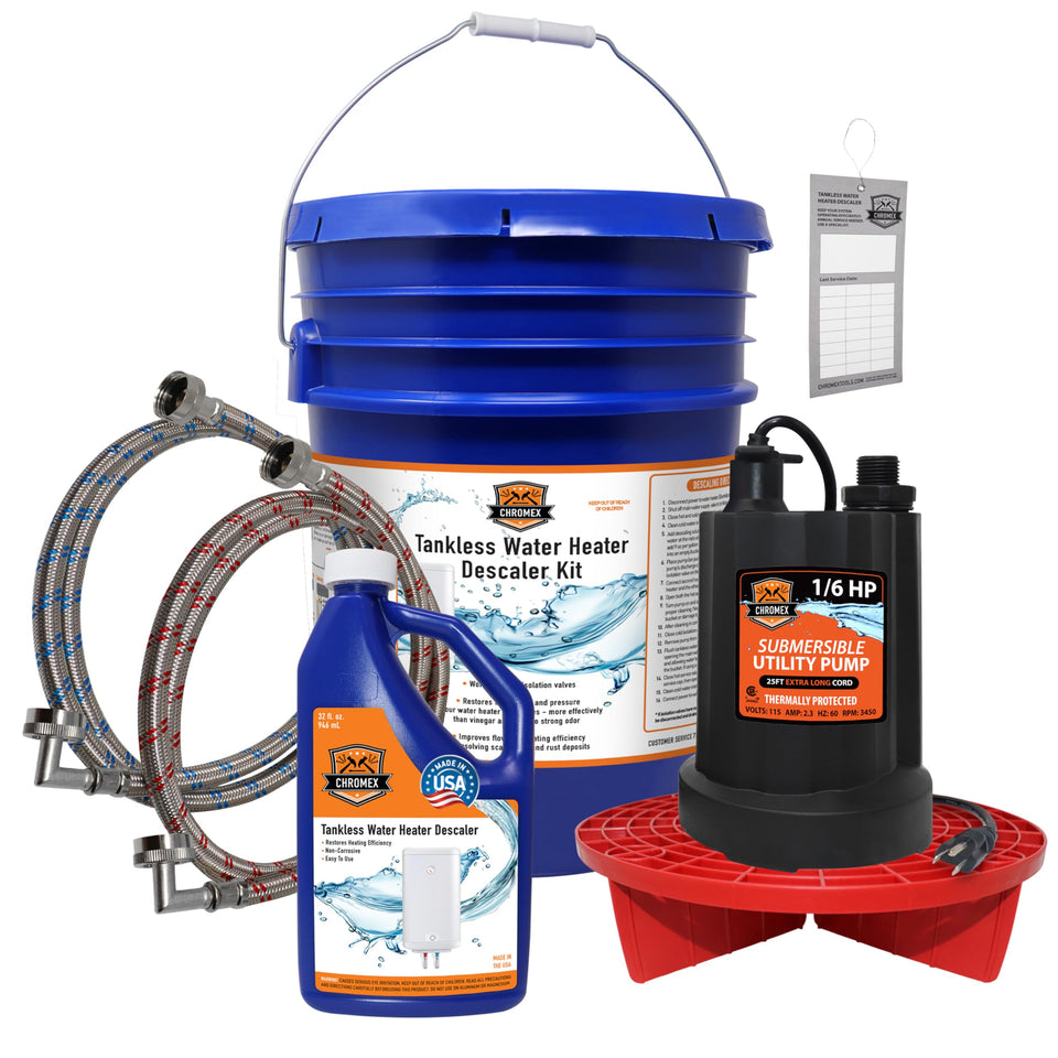Chromex tankless flush kit with 5-gallon bucket for easy maintenance.
