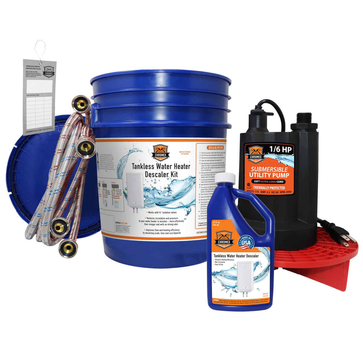Chromex tankless flush kit with bucket for quick, mess-free maintenance.