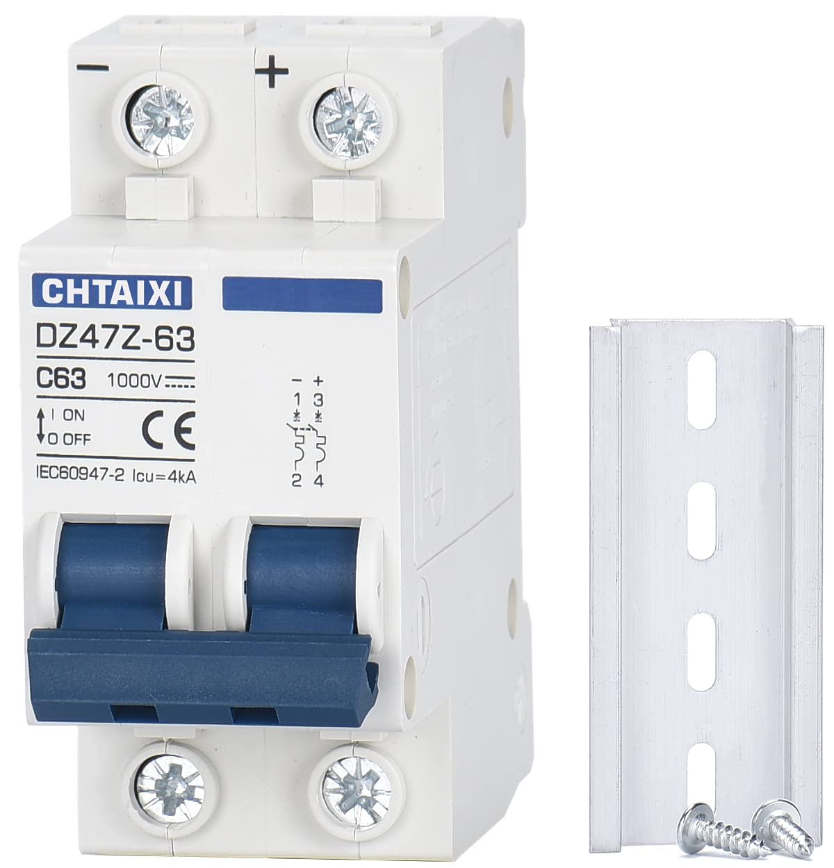 CHTAIXI DC mini breaker 2P 1000V 63A front view for overload protection