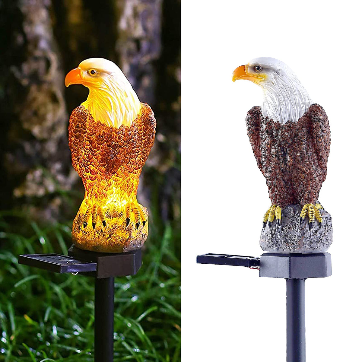CHUANGFENG Eagle figurine solar stake light glows for outdoor garden illumination.