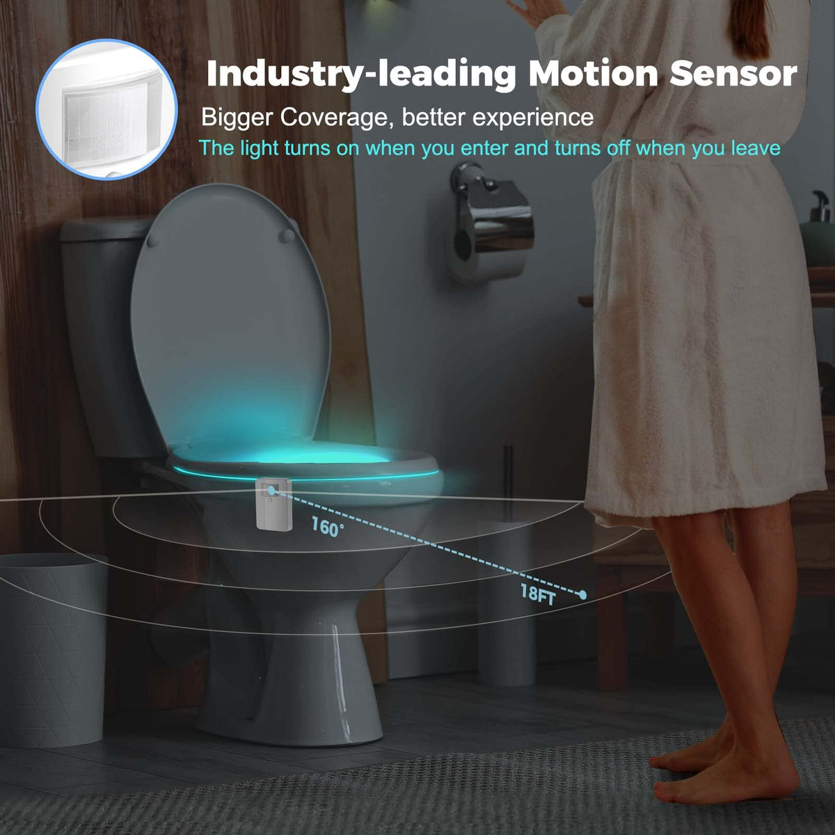 Chunace glow bowl light illuminating the inside of the toilet bowl