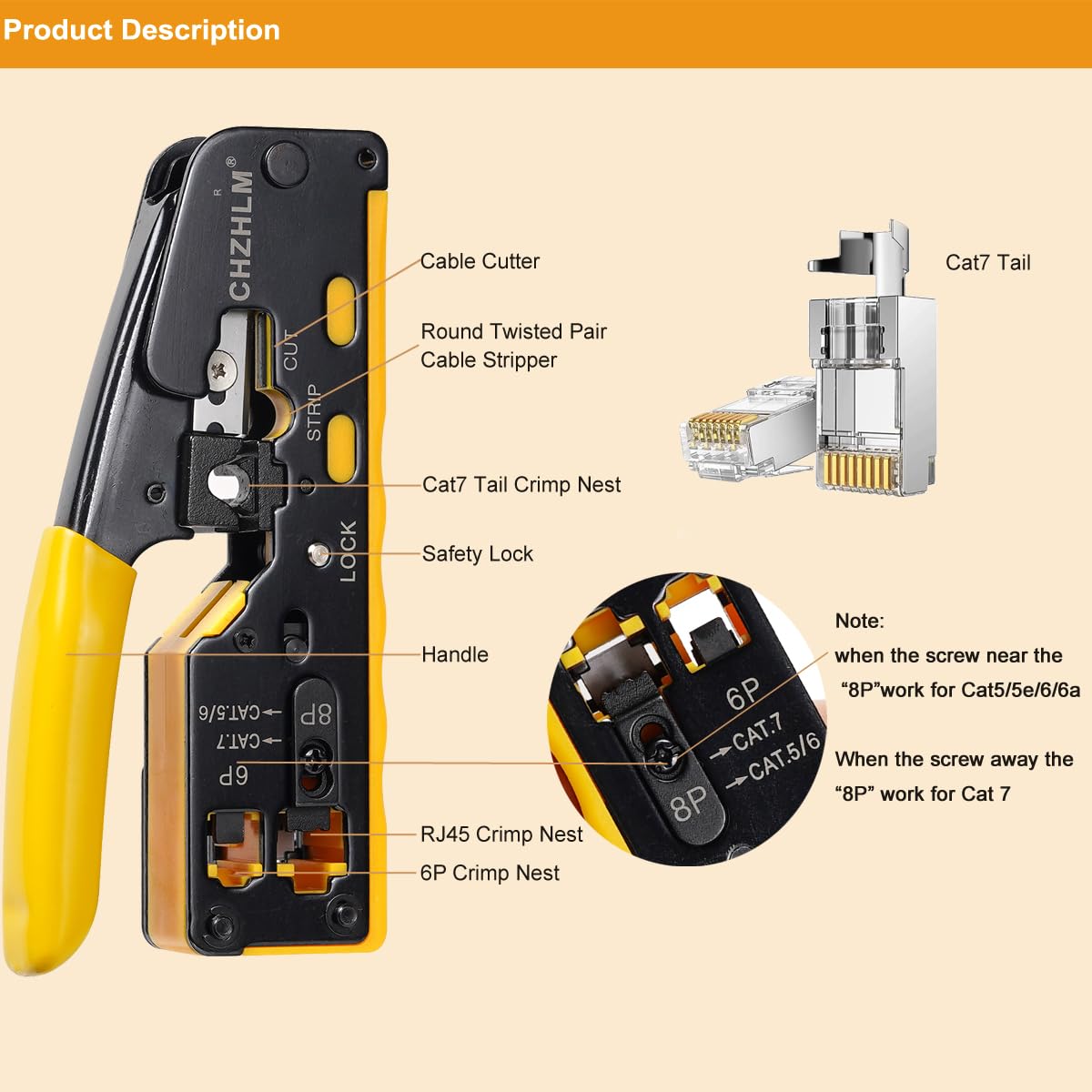CHZHLM RJ45 crimp tool with built-in stripper for clean installations